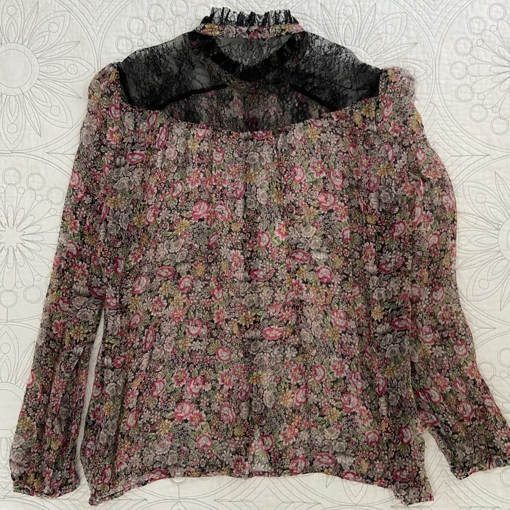 KOOPLES Sheer Floral Blouse Silk Chiffon Lace Trim WOW gorgeous - Picture 9 of 14